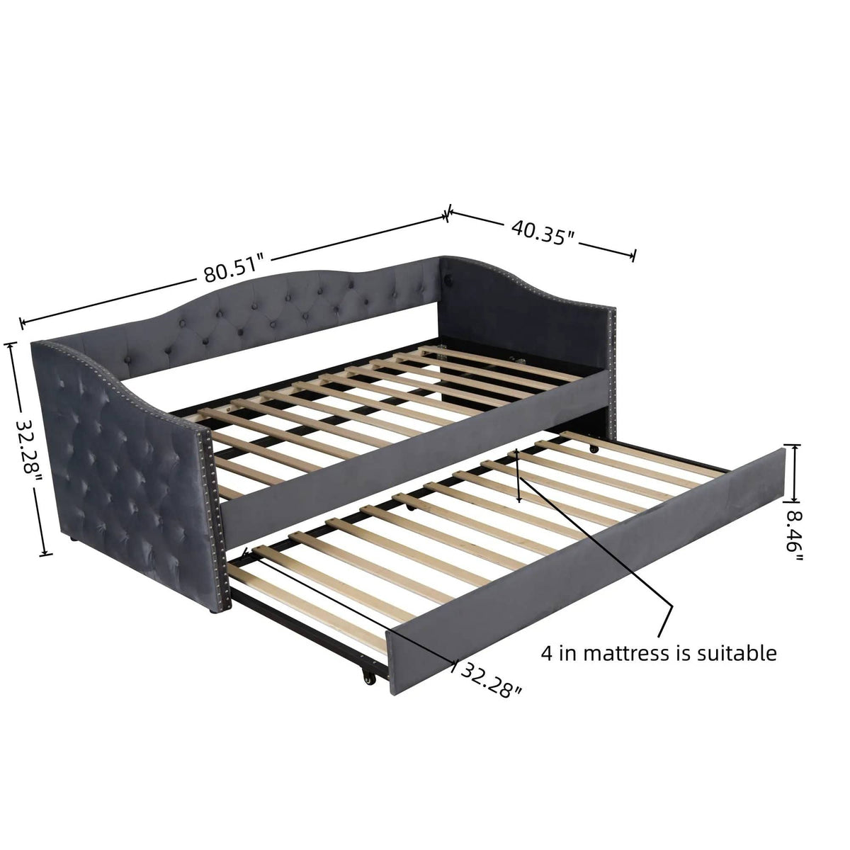 Twin Size Upholstered Daybed With Trundle And USB Charging Design For Bedroom - | 81.1 x 40.55 x 29.5 in | Fabric | Gray