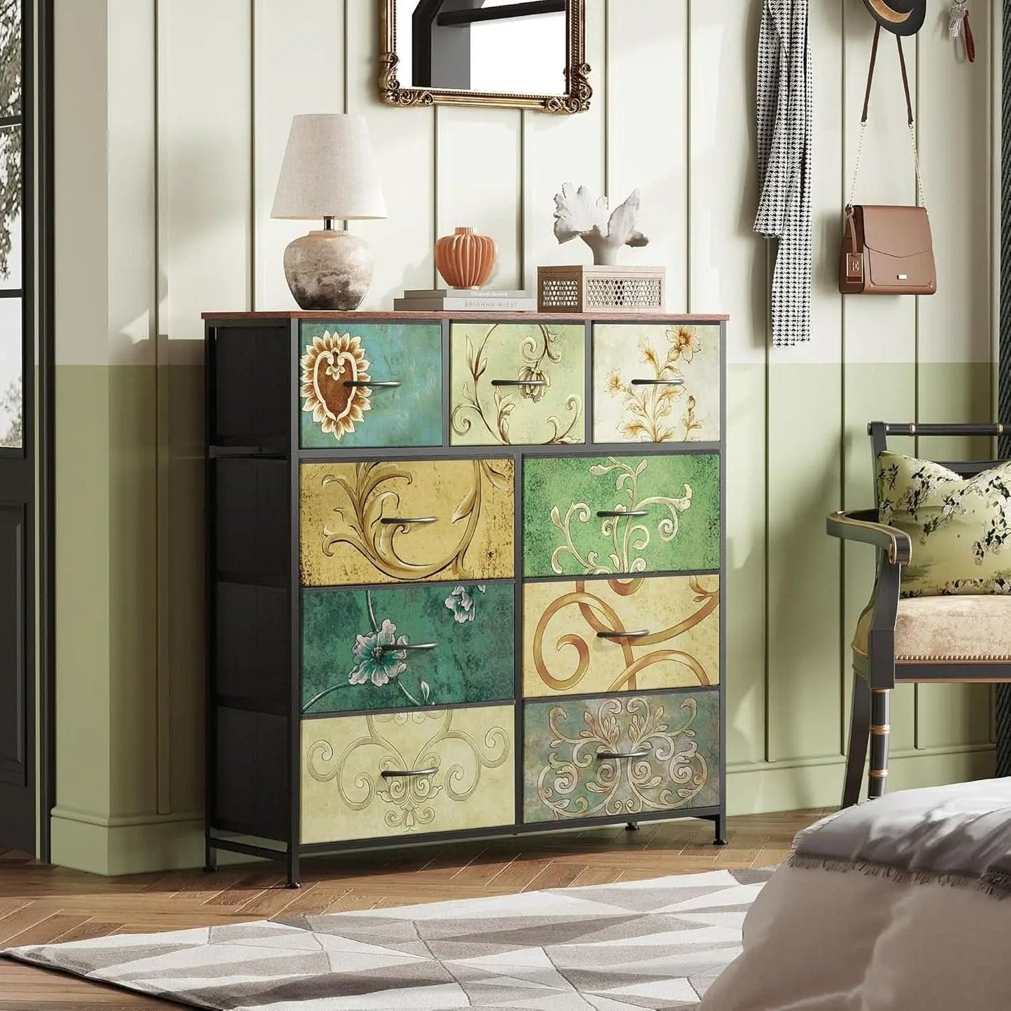 9 Drawer Dresser With Fabric Bins Floral Pattern Wood Top from PriceLows™