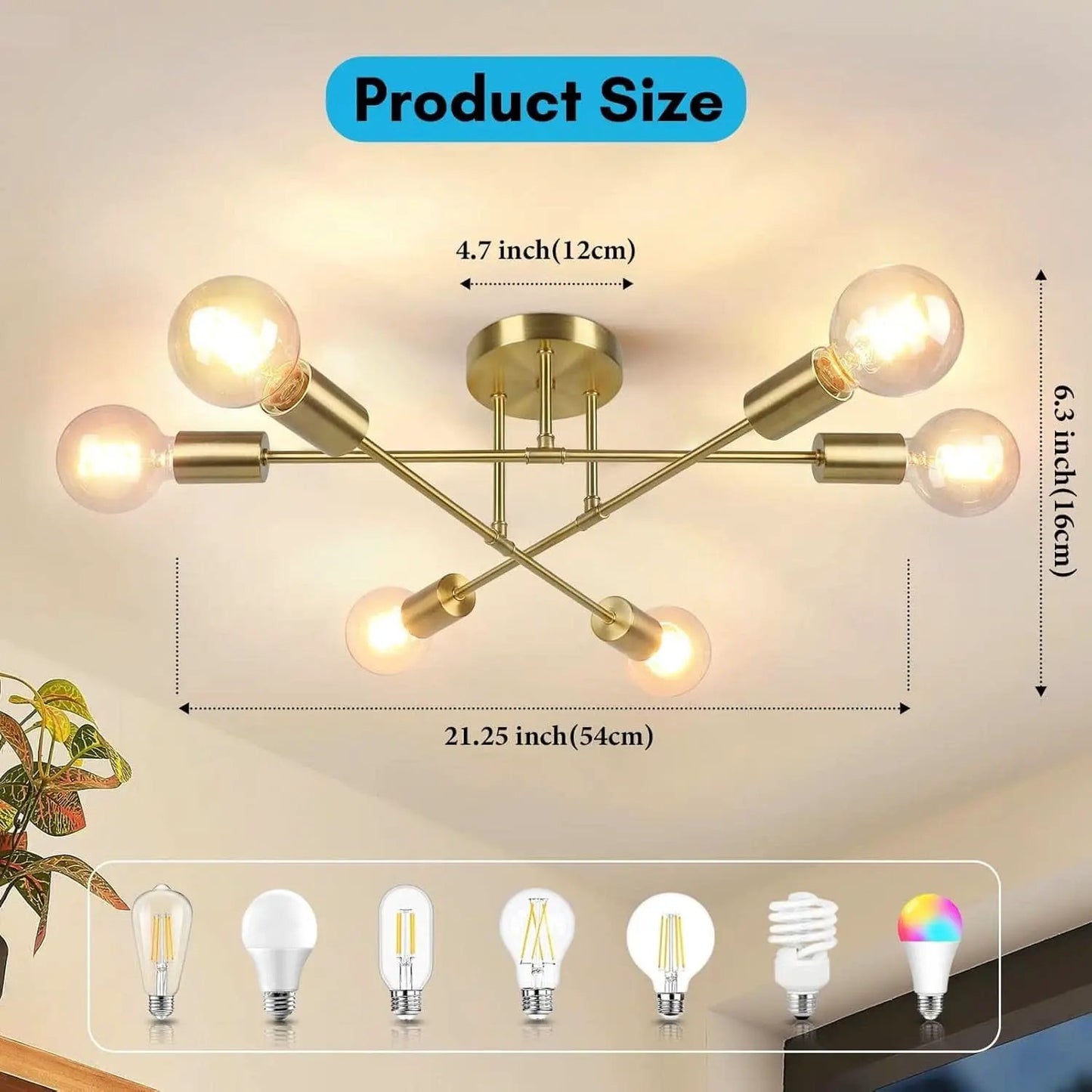Gold Sputnik Chandelier Semi Flush Mount Ceiling Fixture from PriceLows™