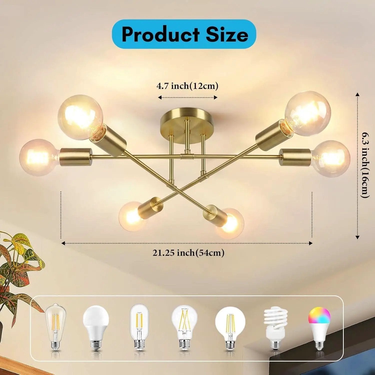 Gold Sputnik Chandelier Semi Flush Mount Ceiling Fixture from PriceLows™