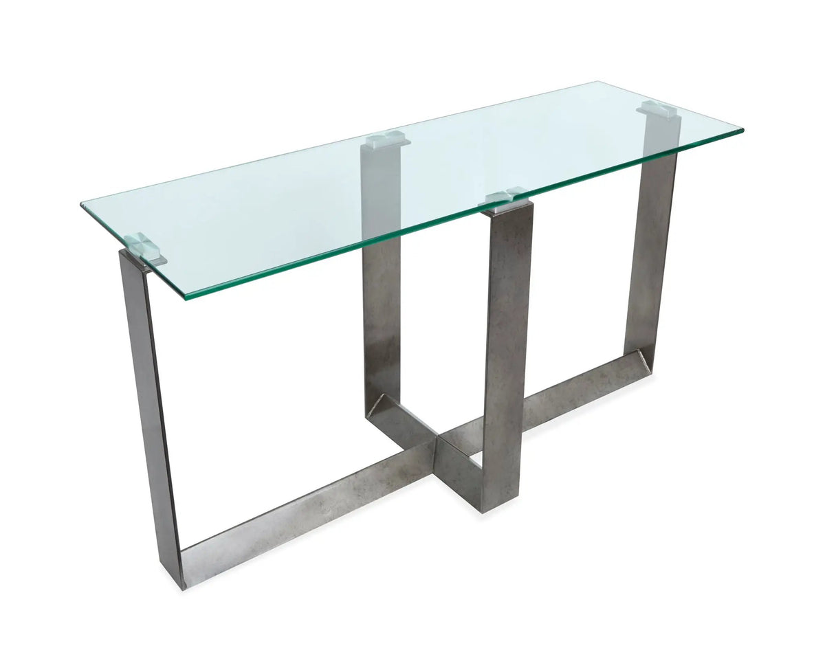 Holden Rectangular End Table | Aged Pewter Metal Frame | Tempered Glass Top | Triangular Base