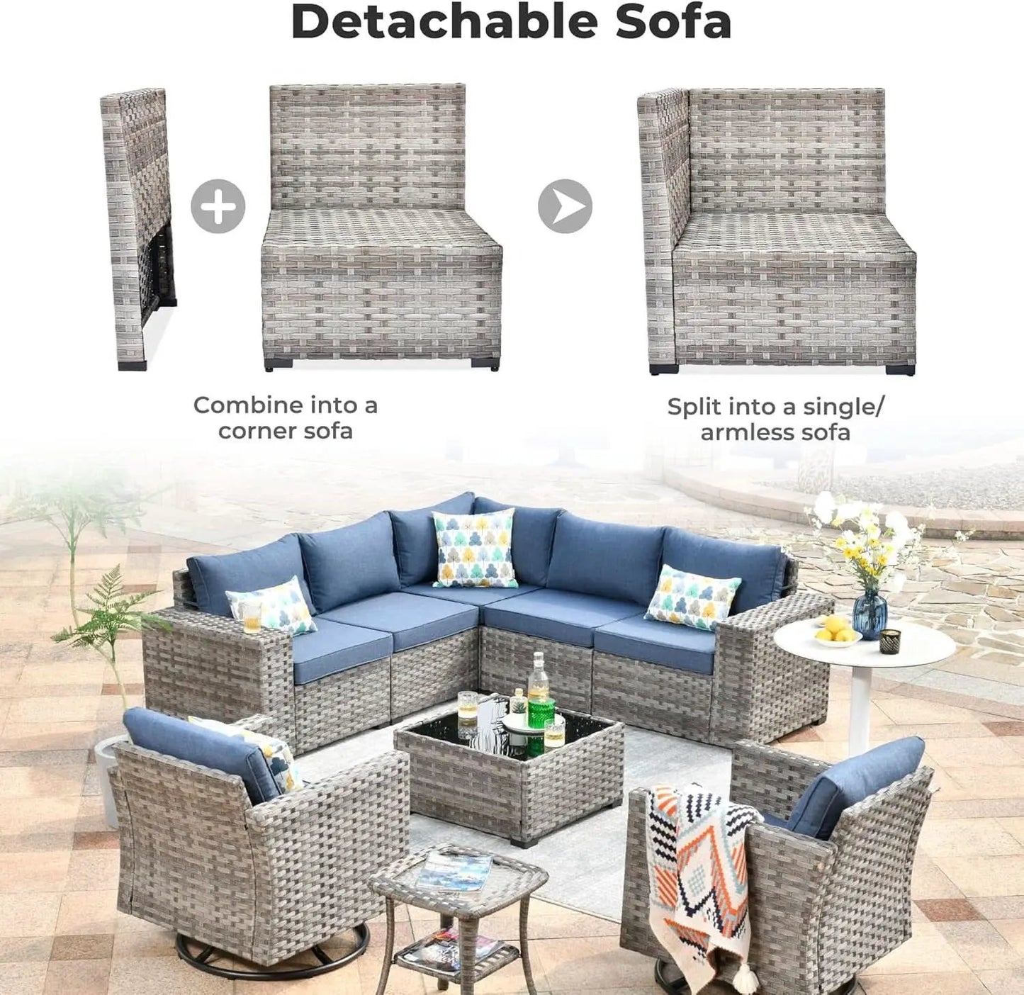 Outdoor Wicker Sectional Sofa Set with Swivel Chairs from PriceLows™