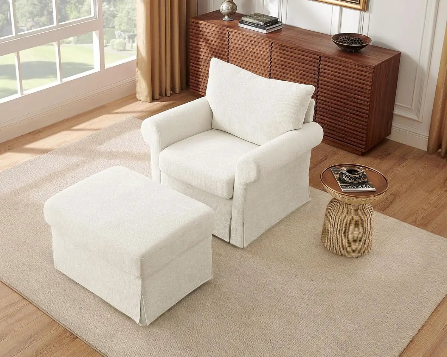 Beige Chenille Contemporary Ottoman Reading Chair Set from PriceLows™