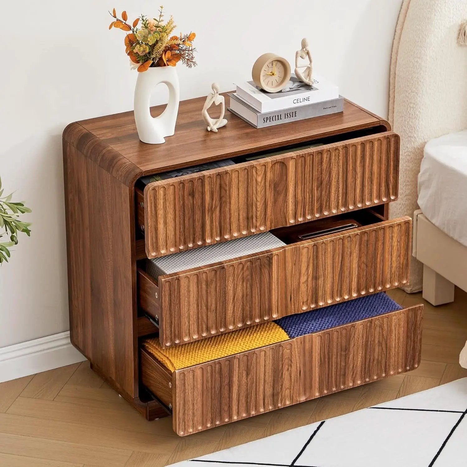 Walnut Fluted Three Drawer Dresser 31 Inch Wide Storage from PriceLows™