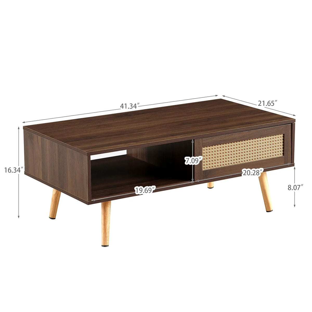Rattan Coffee Table | 41.34 Inch Width | Sliding Storage Door | Solid Wood Legs