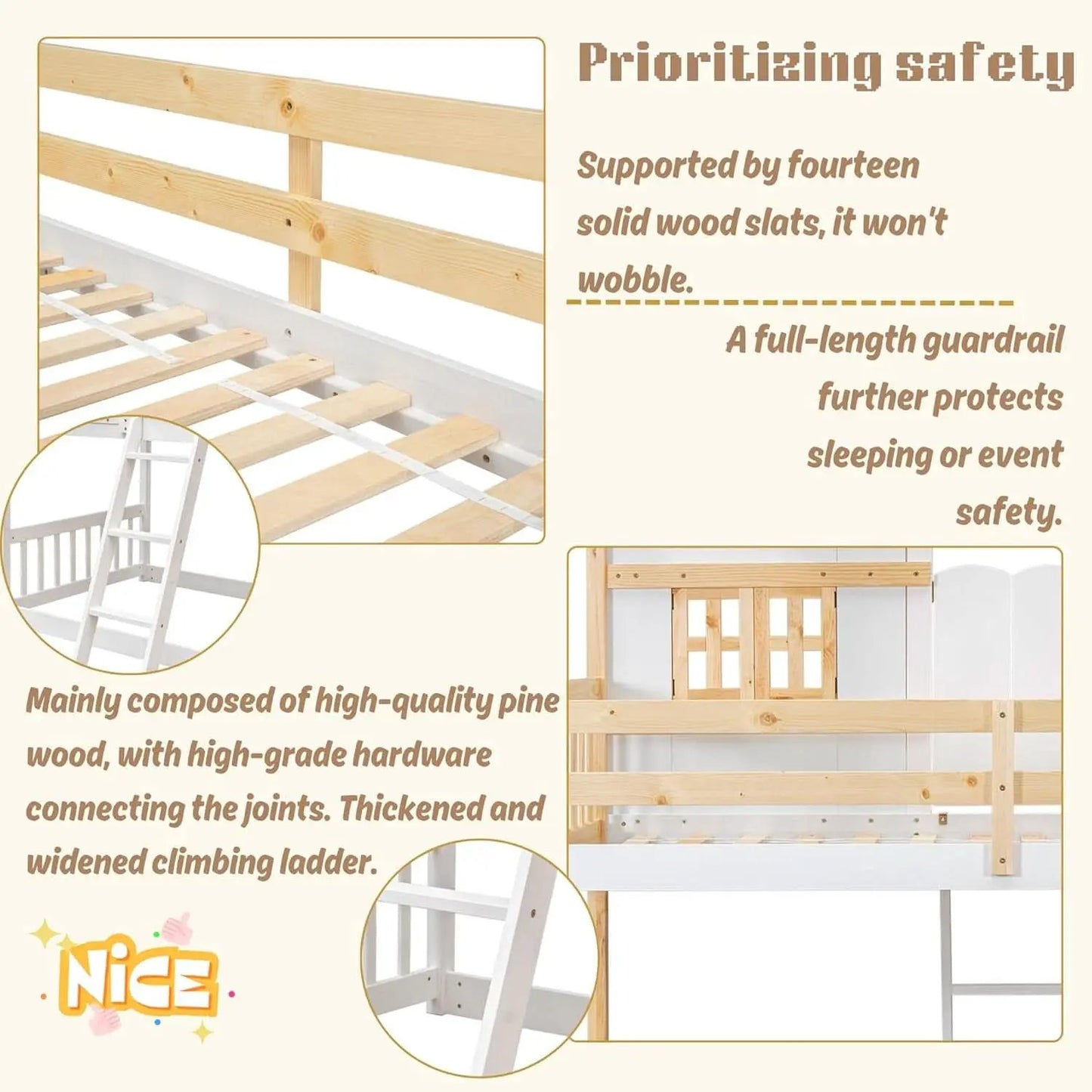 Natural Wood Twin Over Twin House Bunk Bed With Roof from PriceLows™