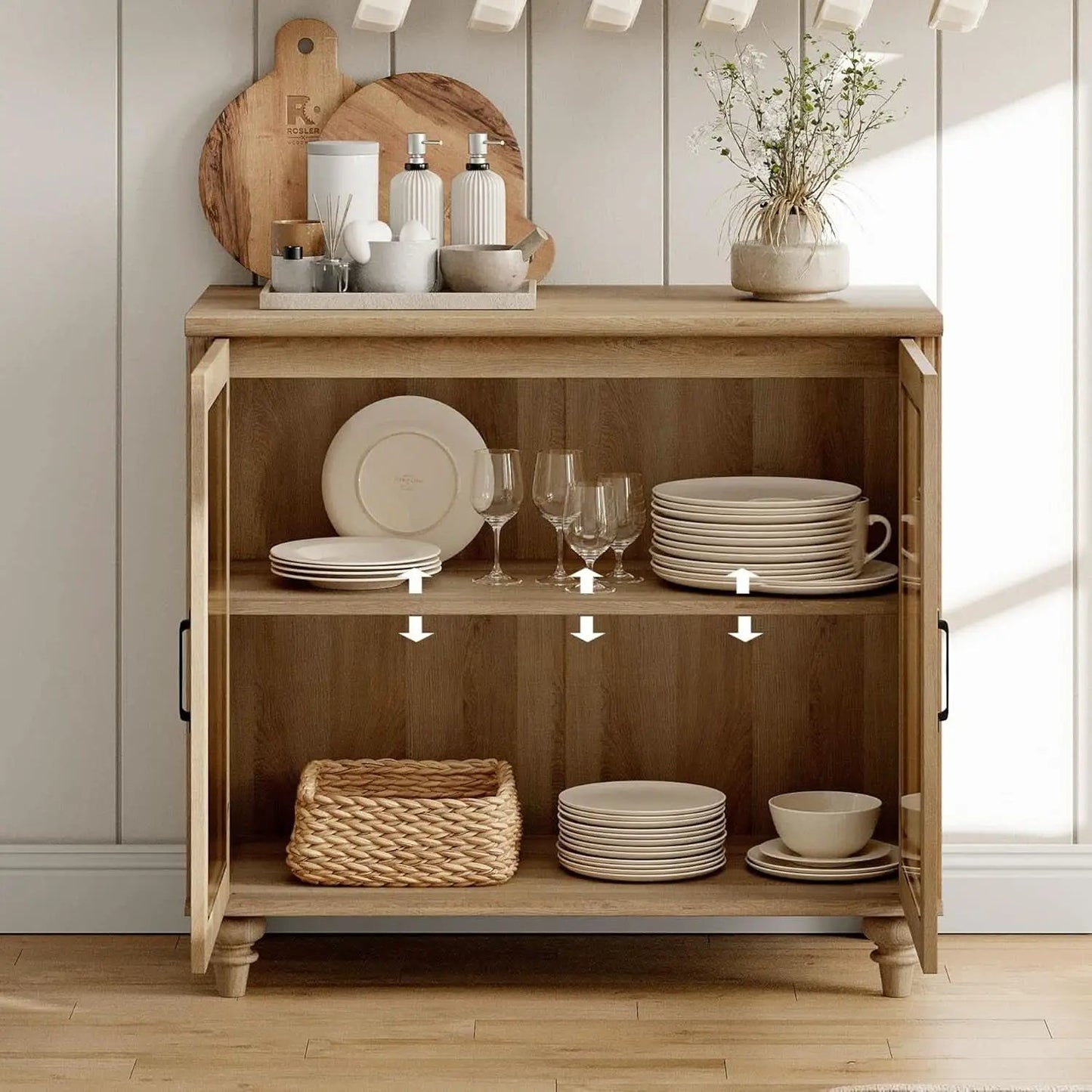 Distressed Oak Farmhouse Executive Desk Glass Cabinet from PriceLows™