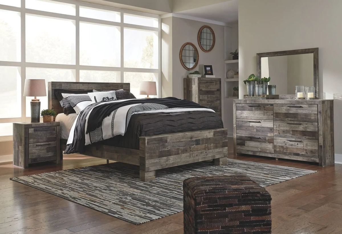 Derekson Panel Bedroom Set | 4-Piece | Rustic Butcher Block Finish | Replicated Pine Grain