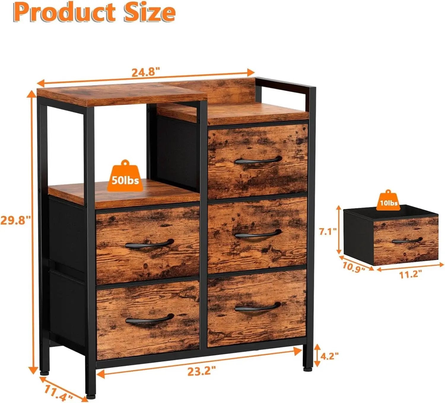 5 Drawer Rustic Brown Dresser With Metal Frame For Bedroom from PriceLows™