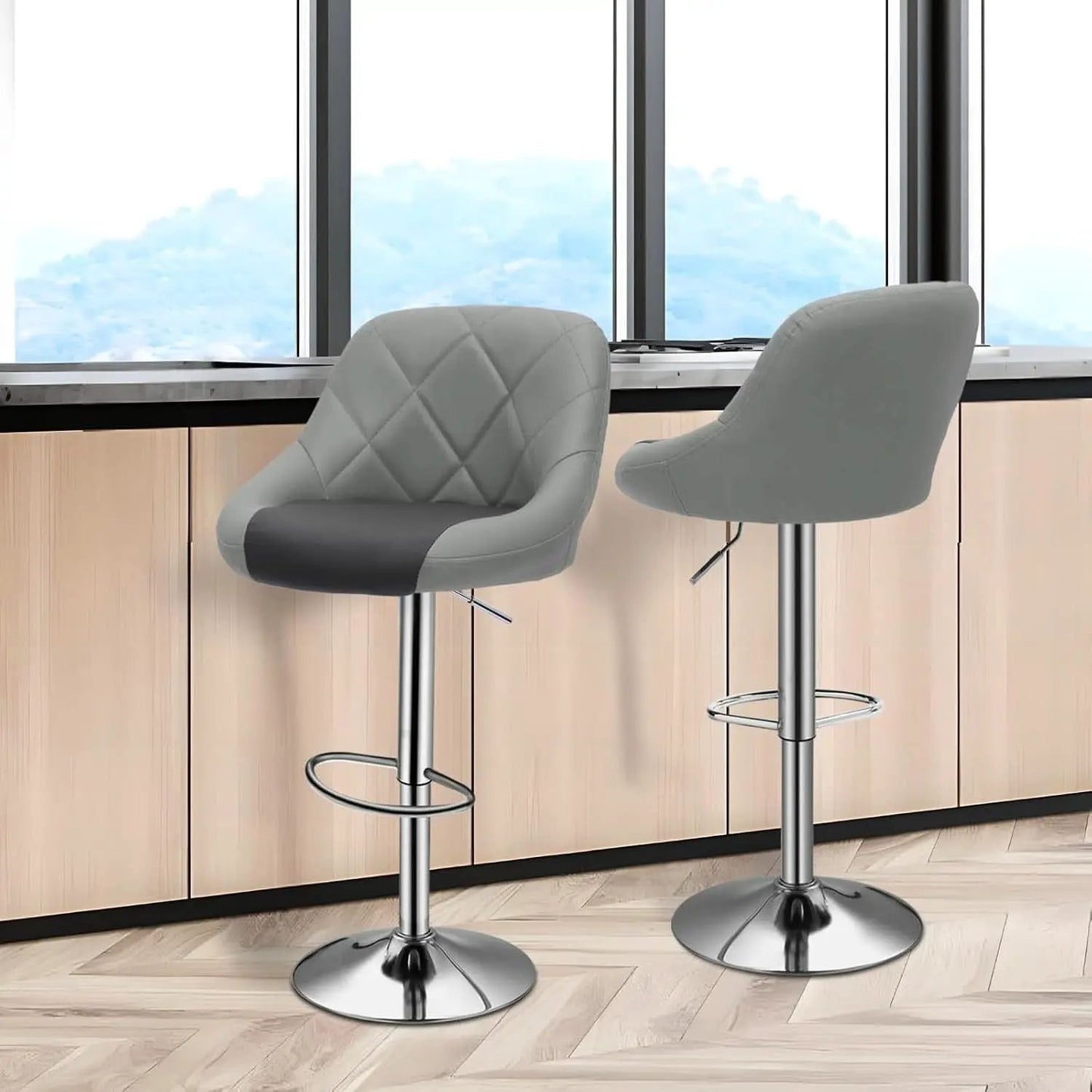 Height Adjustable Grey PU Leather Bar Stools Set Of 2 from PriceLows™