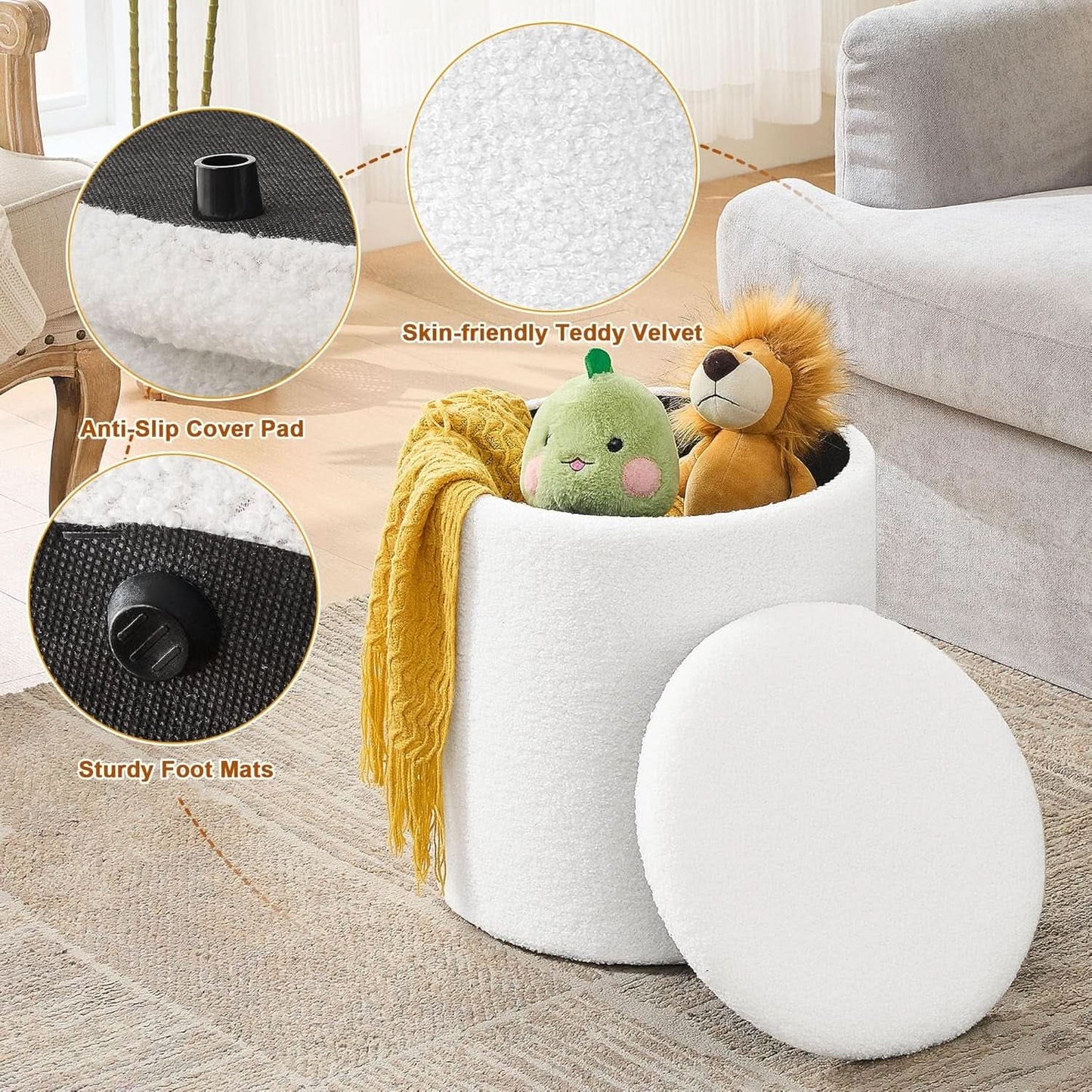 White Round Boucle Velvet Upholstered Storage Ottoman from PriceLows™