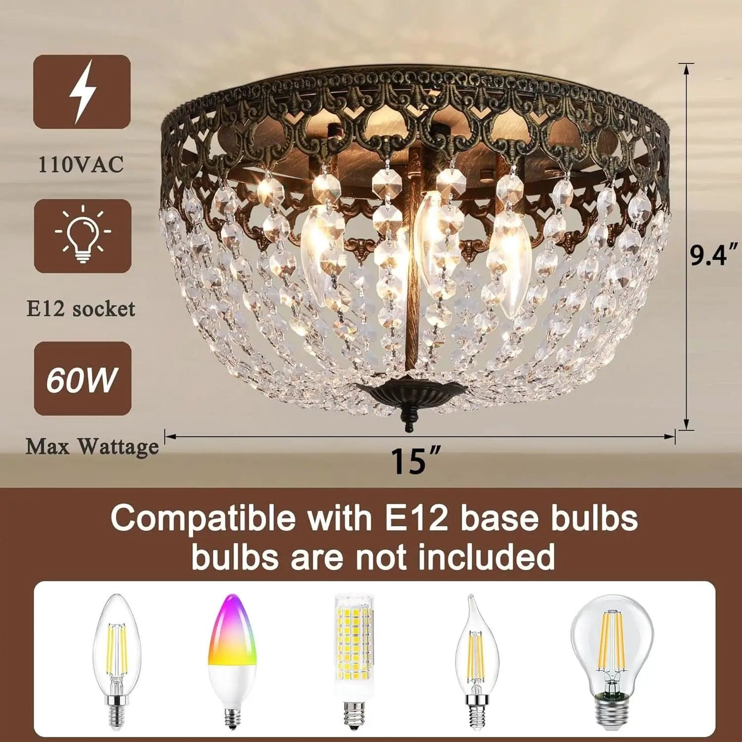 Bronze Crystal 15 Inch Four Light Flush Mount Ceiling Light from PriceLows™