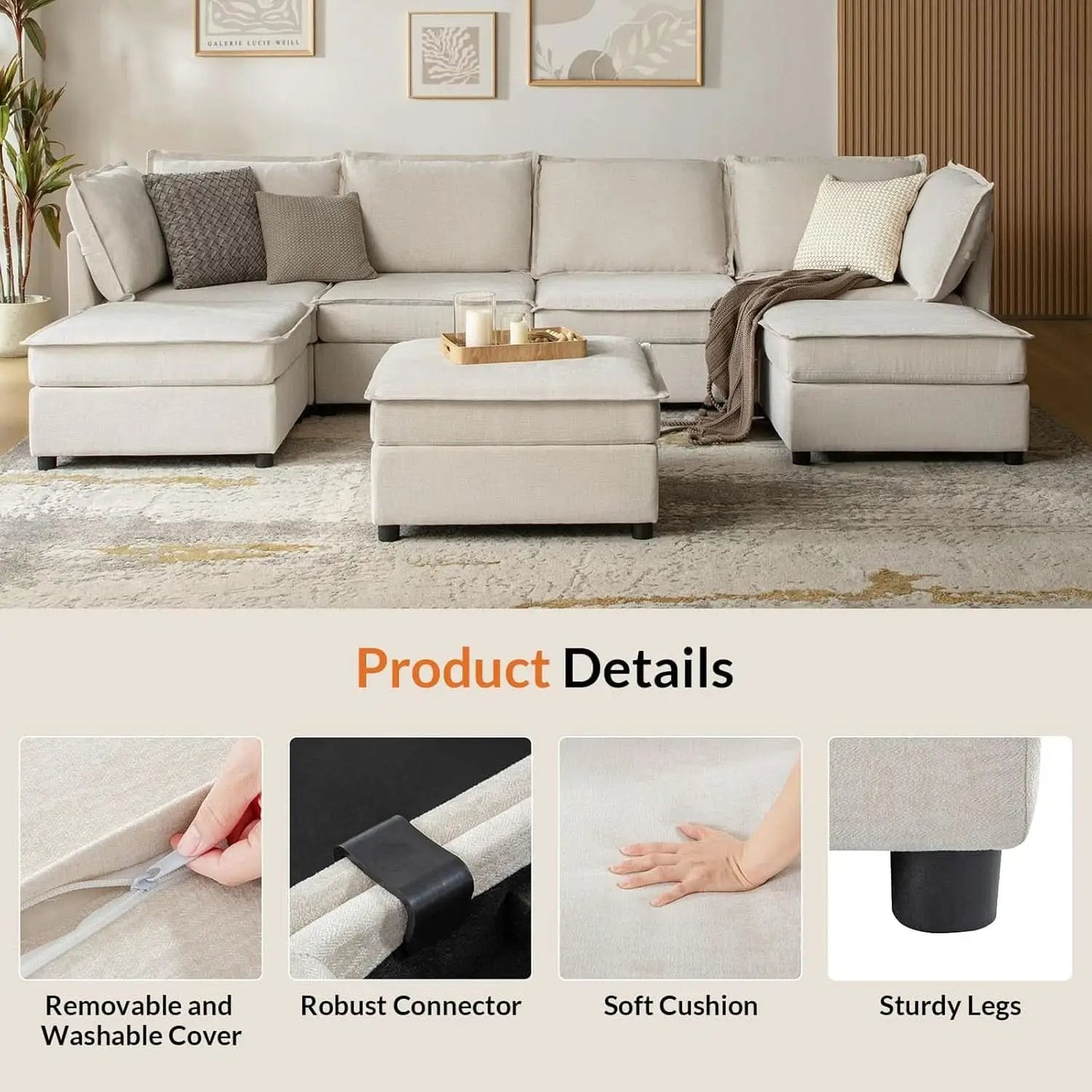 127 Inch Modular Sectional Sofa Beige with Storage Ottoman from PriceLows™