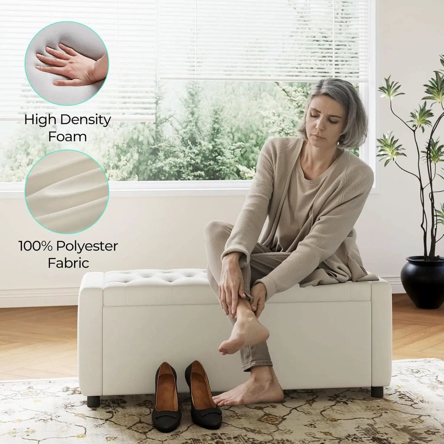 Fifty Inch Upholstered Storage Ottoman Bench Beige from PriceLows™