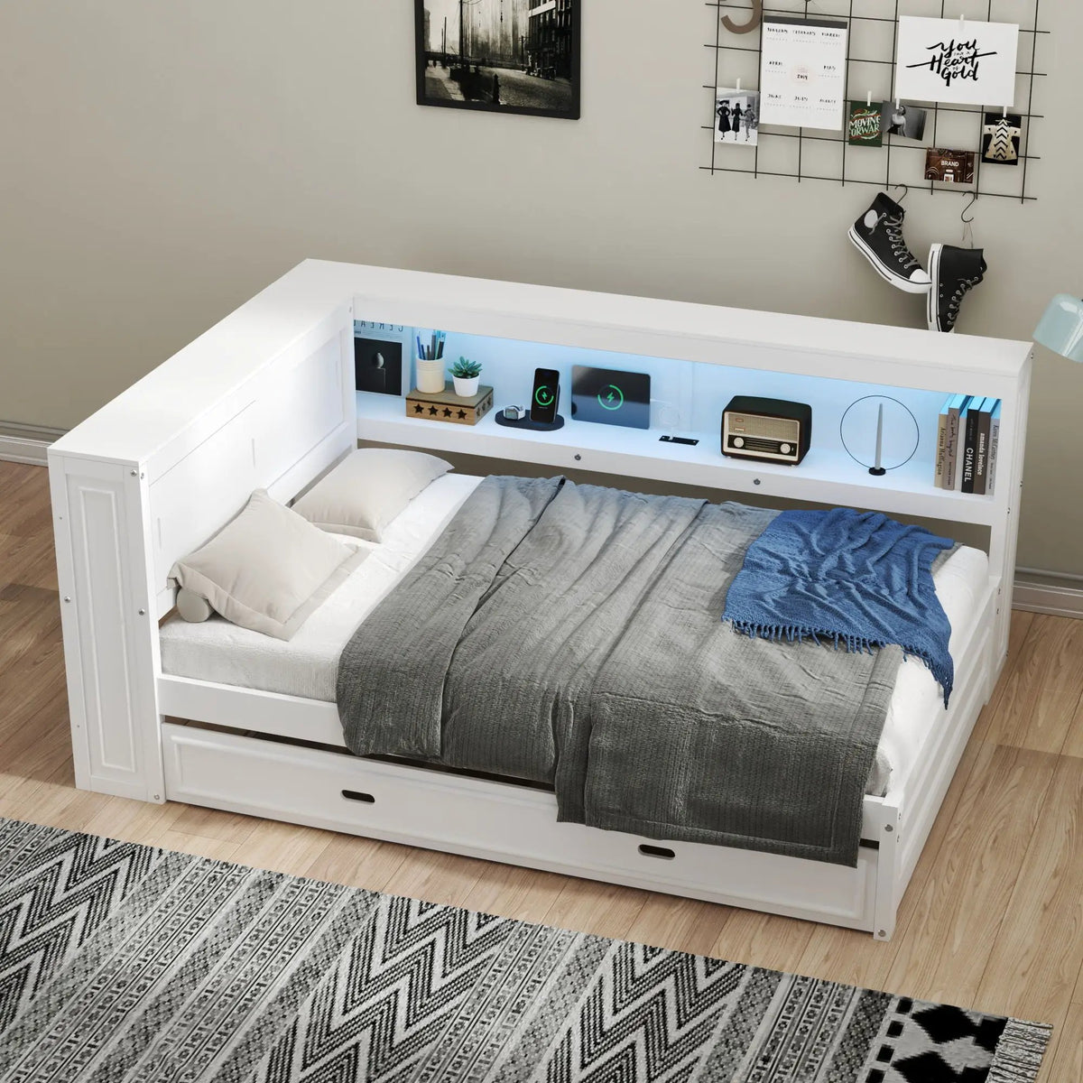 Daybed With Trundle | Storage Shelves | LED Strip With Remote | USB Charging