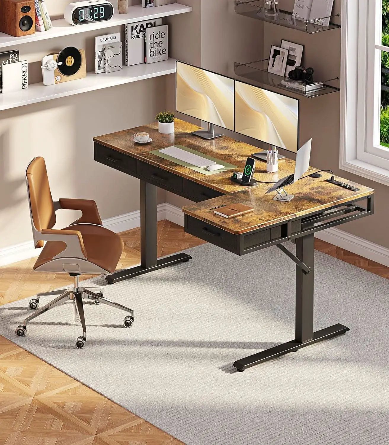Sixty Three Inch L Shaped Electric Height Adjustable Desk Drawers from PriceLows™