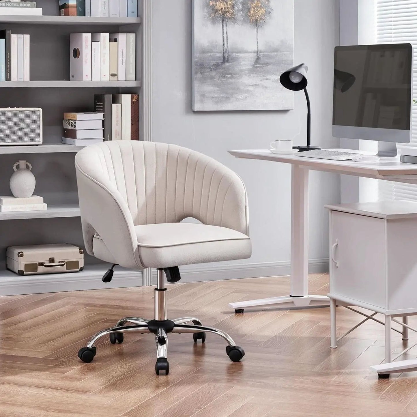 Cream Velvet Swivel Desk Chair With Wheels Tufted Back from PriceLows™
