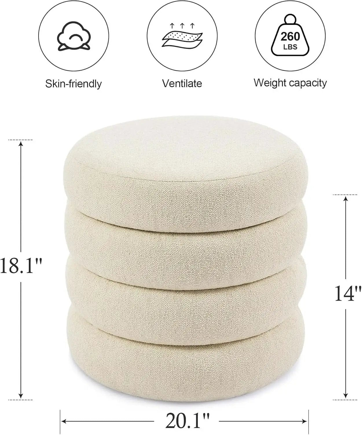 Beige Linen Upholstered Round Storage Ottoman Removable Lid from PriceLows™