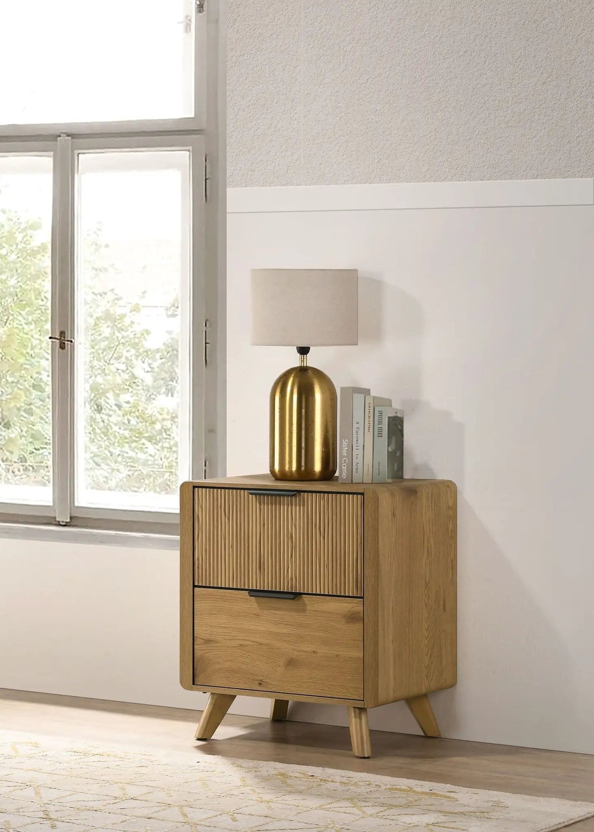 Bennett 2-drawer Bedroom Nightstand Bedside Table | 23.75 x 16.5 x 26.5 in | Rubberwood & Engineered Wood | Light Oak