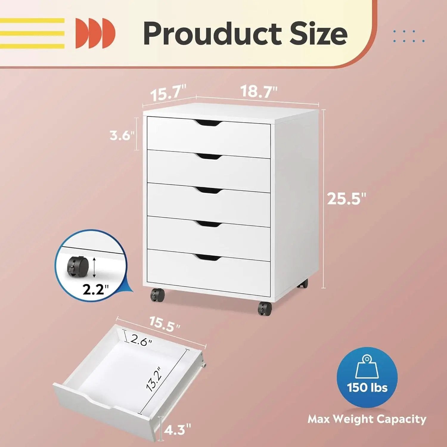 White 5 Drawer Wood File Cabinet With Wheels For Office from PriceLows™