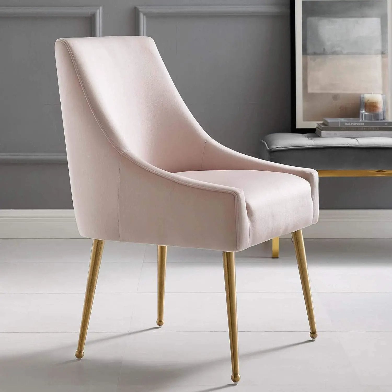 Pink Velvet Dining Chair With Gold Accents For Dining Room from PriceLows™