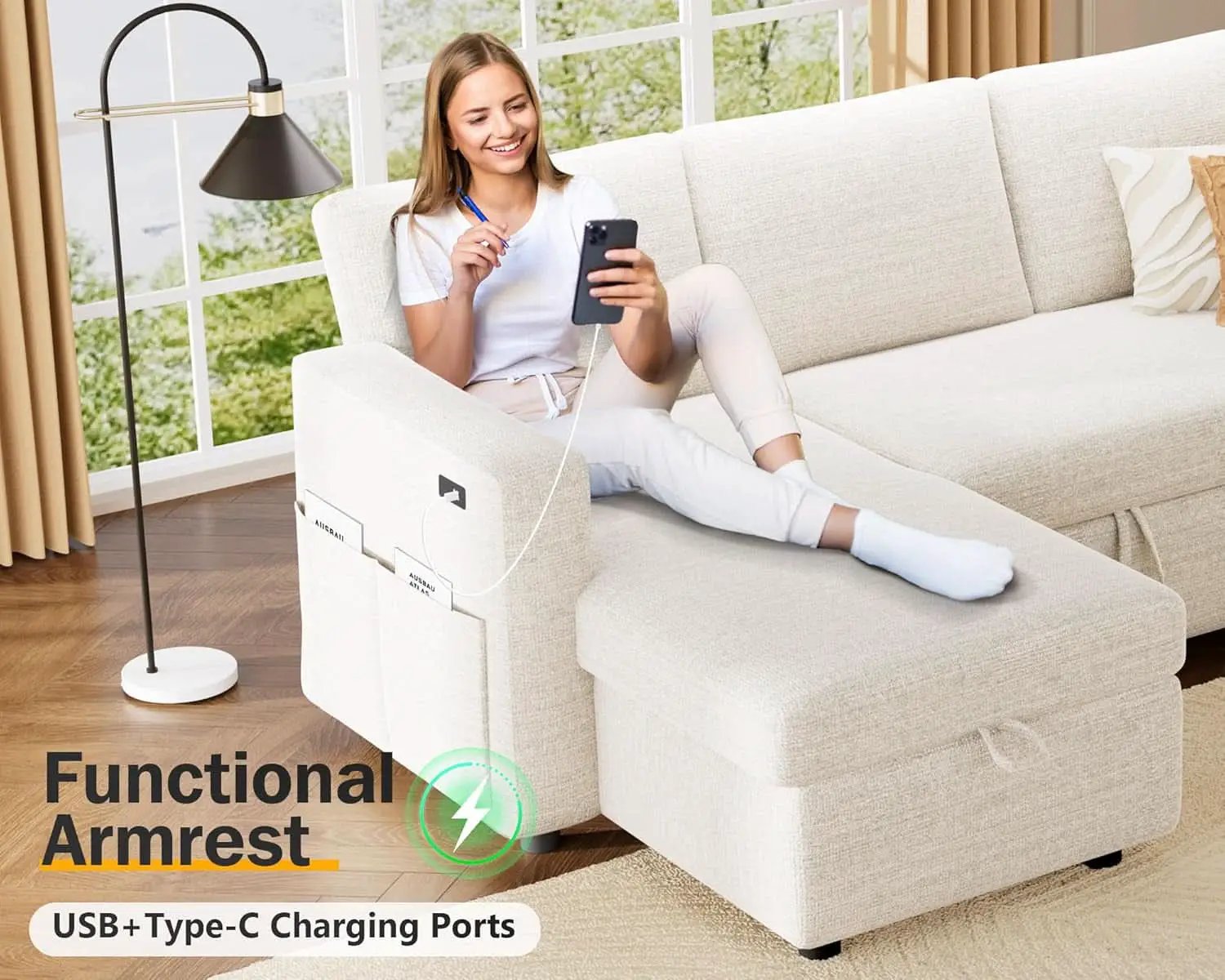 105Inch UShaped SectionalSofa With Pullout Bed Beige from PriceLows™