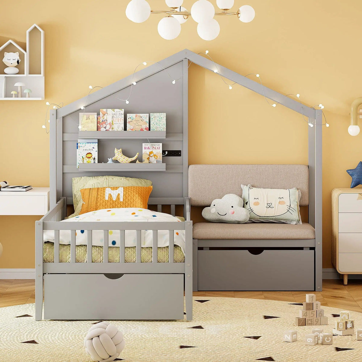 House Bed With Upholstered Sofa, Wireless Charging Station, Shelves And 2 Drawers | 2 Pieces | 2-Drawer | Bedroom