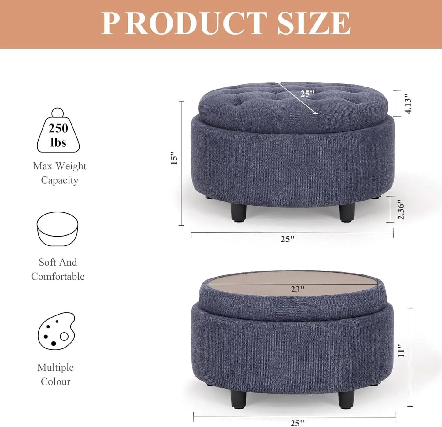 Blue Upholstered Circular Storage Ottoman With Tray from PriceLows™