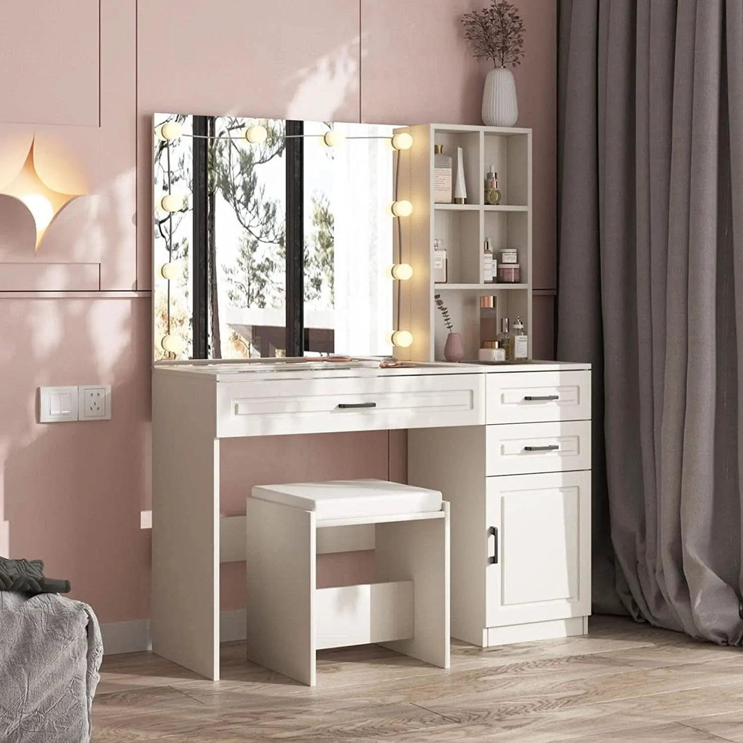 White Vanity Table Set With Glass Top Hollywood Mirror from PriceLows™