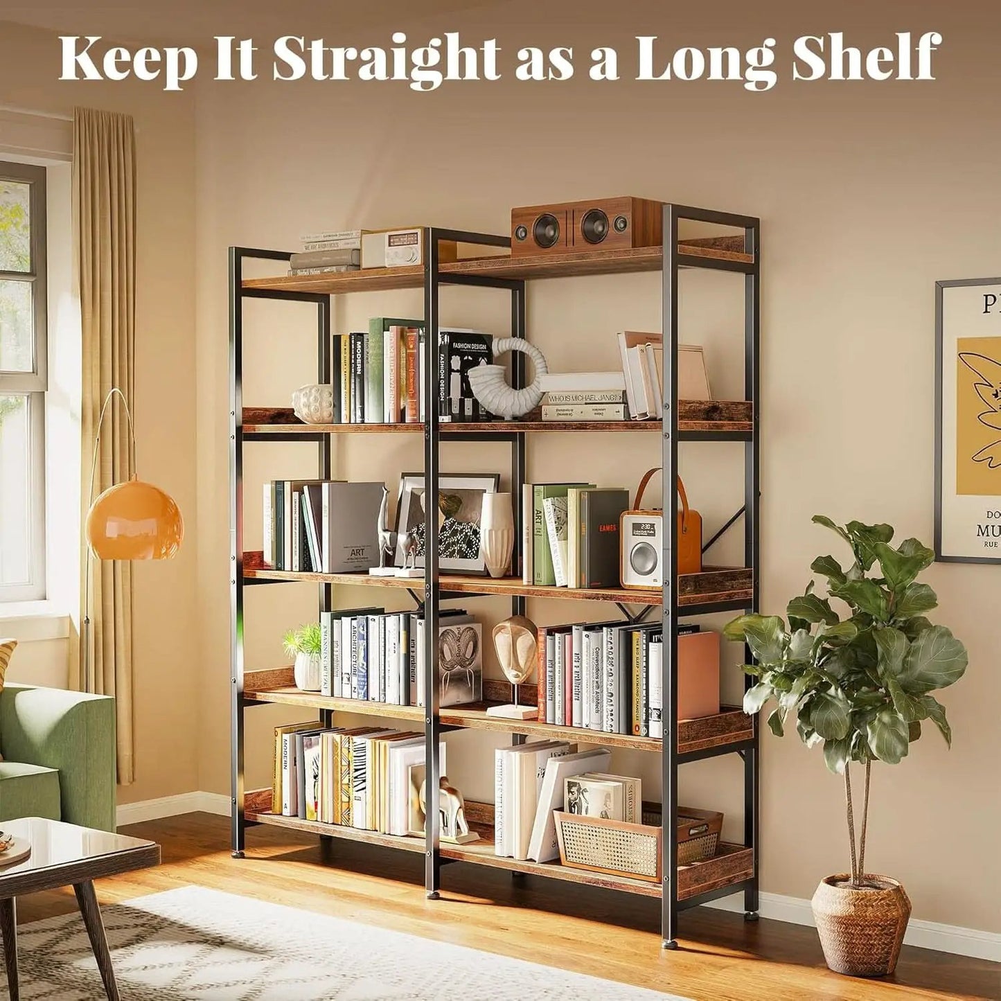 Rustic Brown 5 Tier Bookcase With Raised Edges For Living Room from PriceLows™