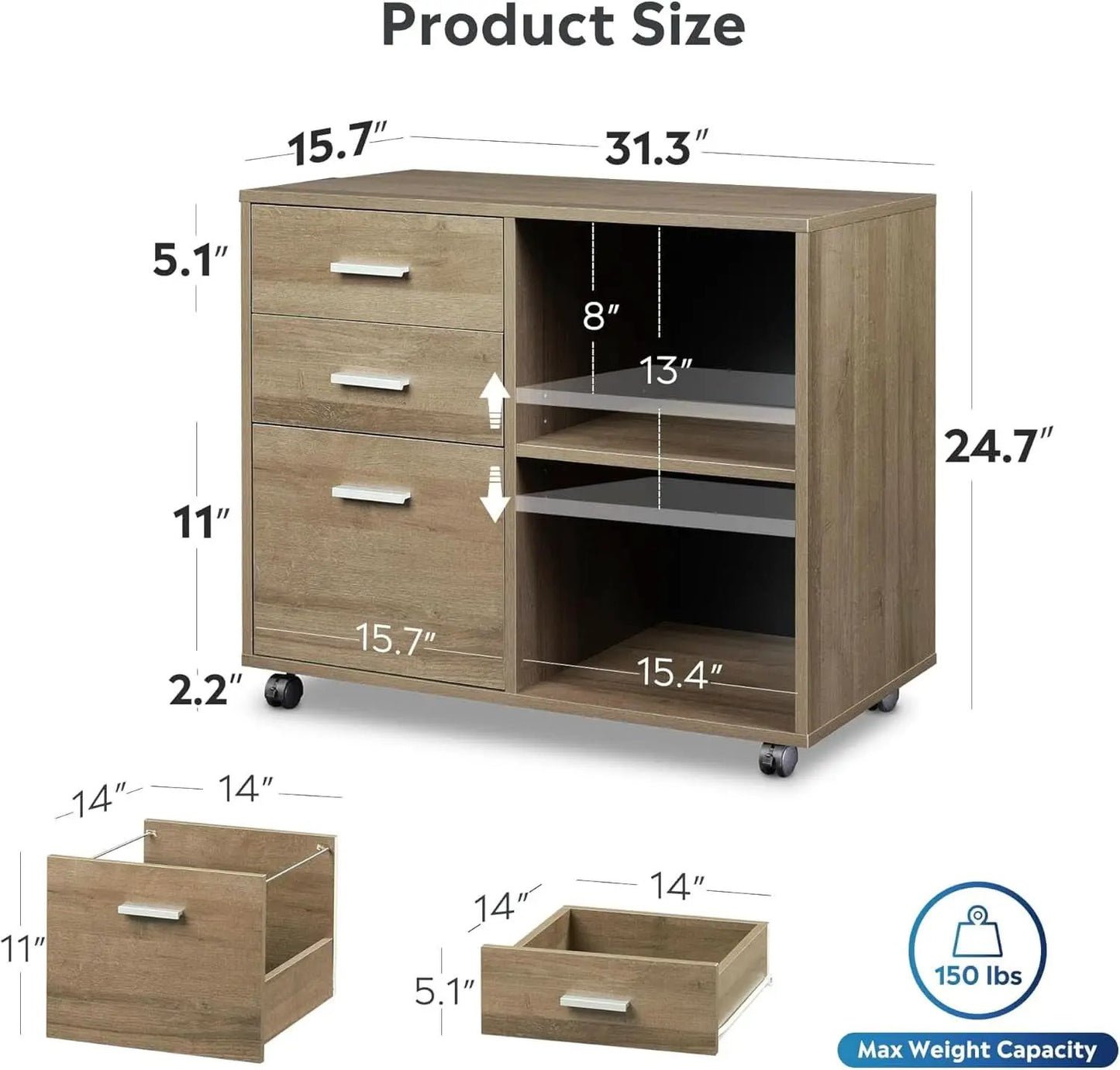 Three Drawer Mobile File Cabinet In Gray Oak With Open Shelves Printer Stand For Home Office from PriceLows™