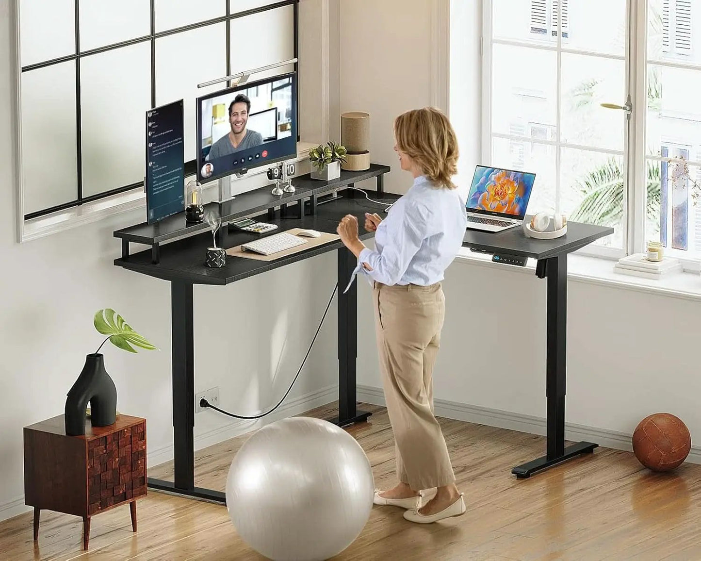 Electric L Shaped Standing Desk 59 Inch With Power Outlets from PriceLows™