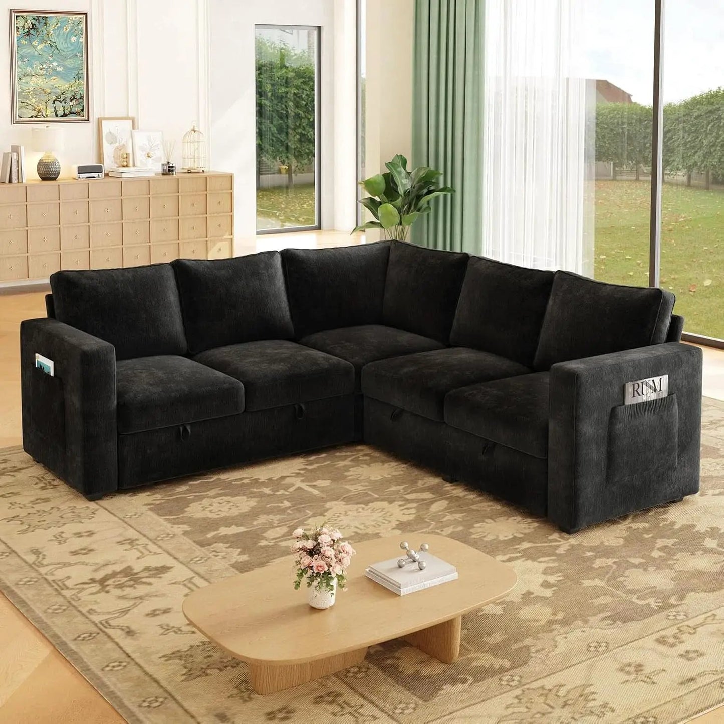 Black 83Inch Deluxe Sleeper Sectional Sofa With Storage from PriceLows™