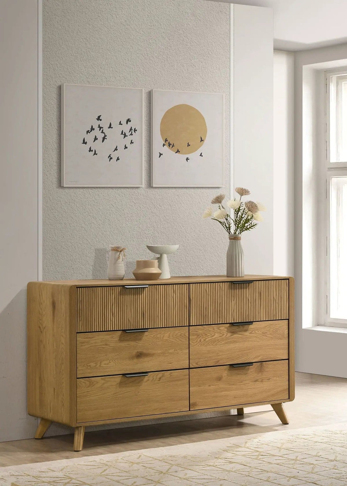 Bennett 6-drawer Bedroom Dresser Cabinet | 58.5 x 18.5 x 33.5 in | Rubberwood & Engineered Wood | Light Oak