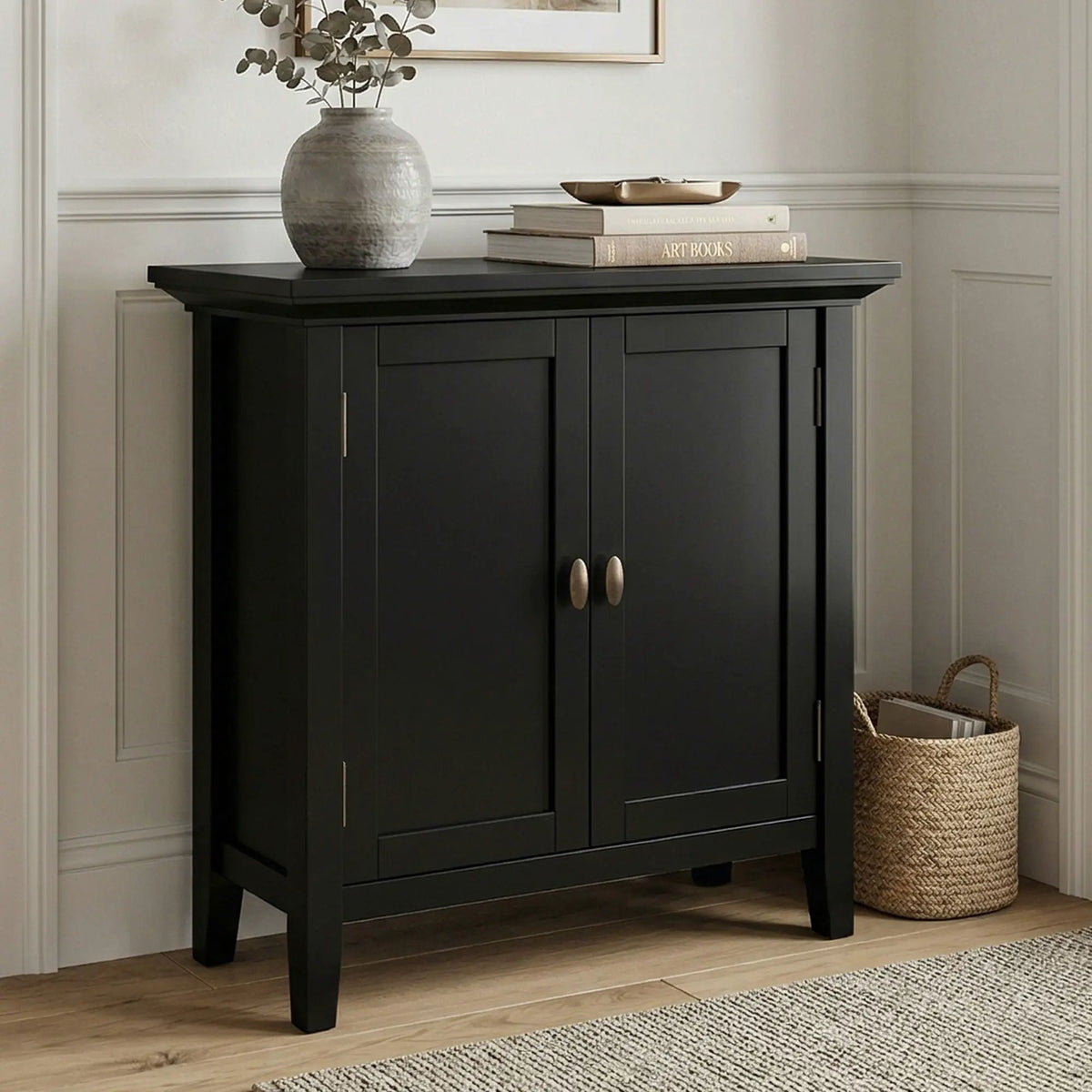 Redmond Low Storage Cabinet | Handcrafted Solid Wood | Tapered Legs | Two Adjustable Shelves