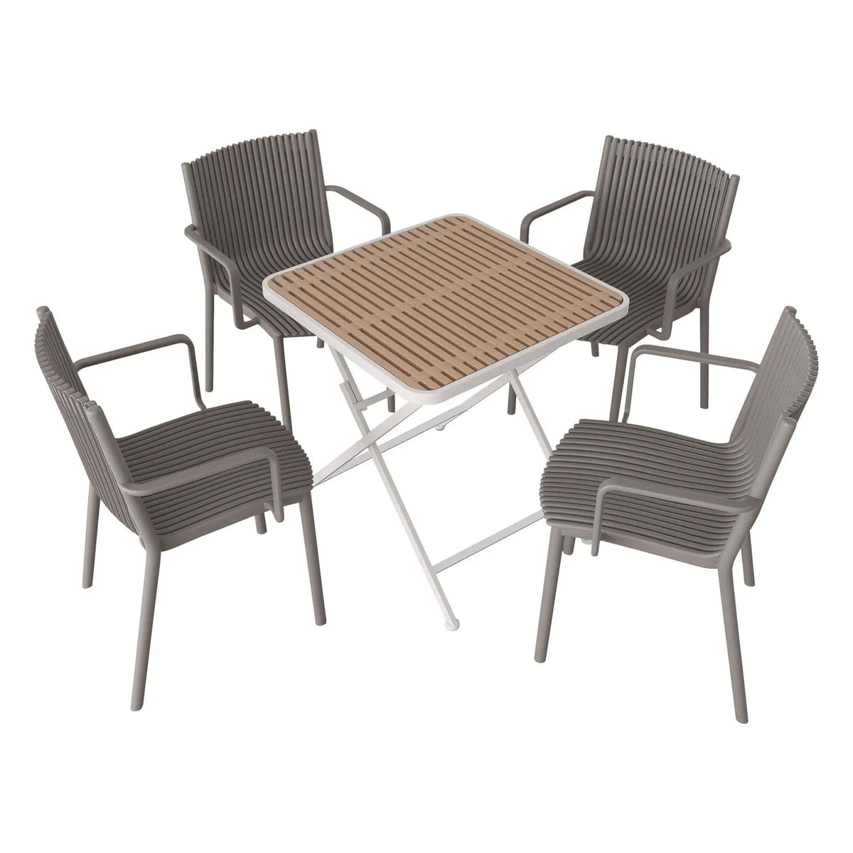 4 Modern Stackable Plastic Armchair Matched With Folding Square Table 5 Piece | 5 Piece Outdoor Set | Metal | Outdoor Living