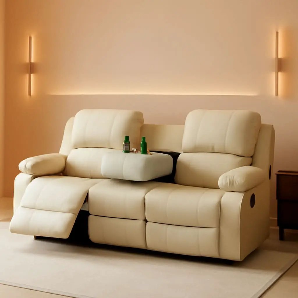 Beige 3 Seater Manual Reclining Sofa With Cup Holders from PriceLows™