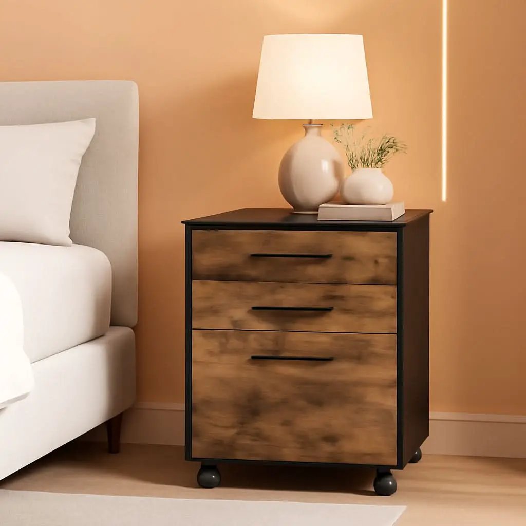 Wooden Three Drawer File Cabinet Under Desk Fits A4 Letter Size Rustic Brown Black Finish With Rolling Storage from PriceLows™