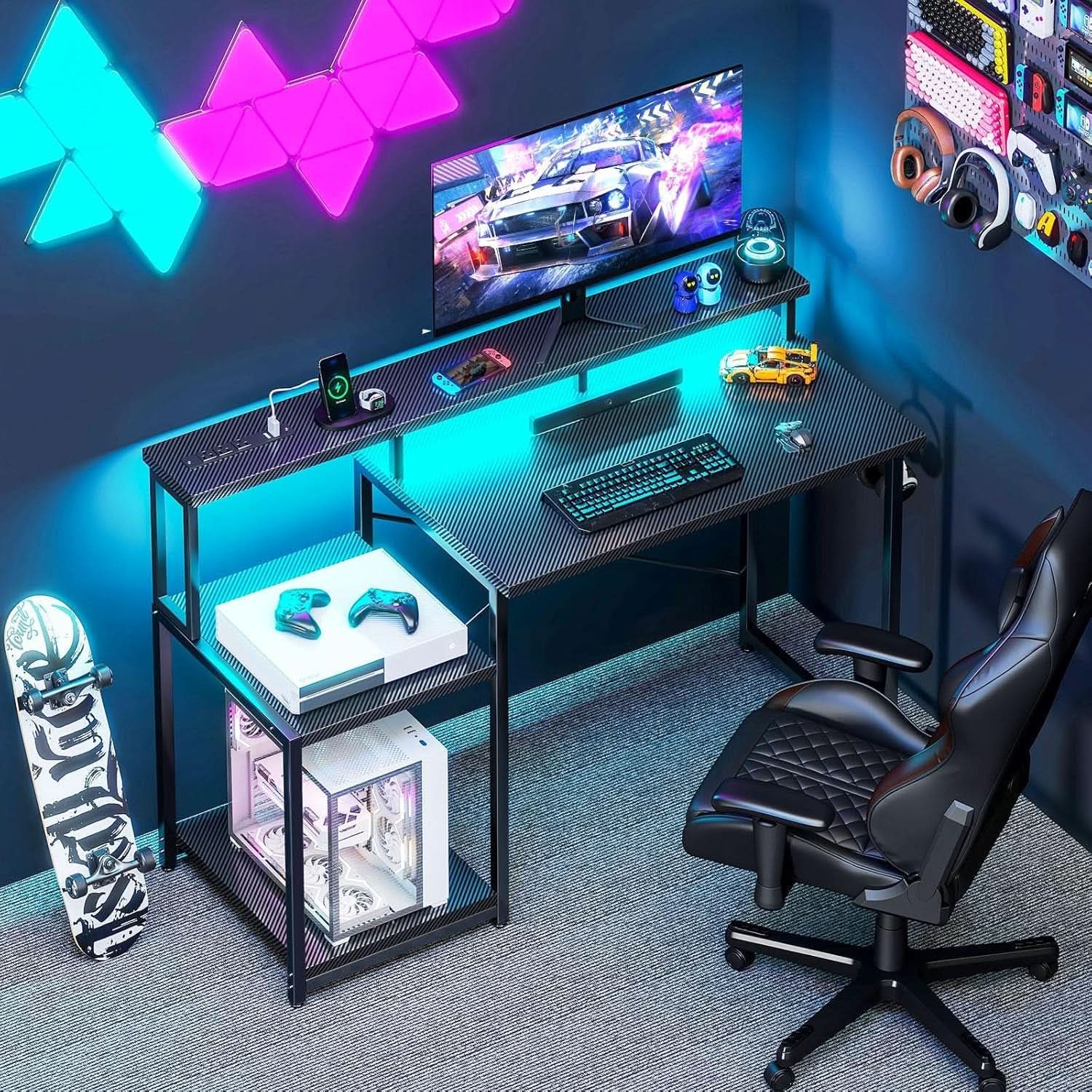 48 Inch LED Gaming Desk With Power Outlet And Shelves from PriceLows™