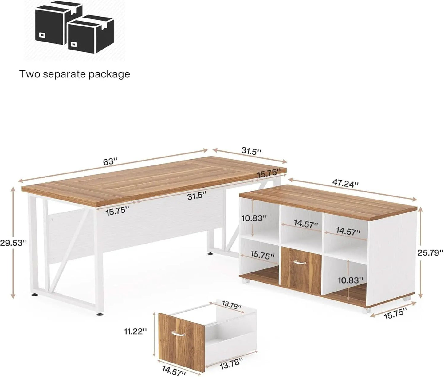 63 Inch L Desk With File Cabinet Walnut White Finish from PriceLows™