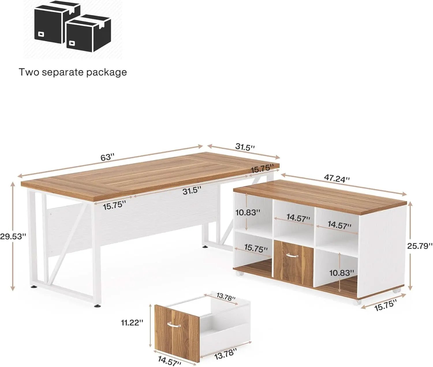 63 Inch L Desk With File Cabinet Walnut White Finish from PriceLows™