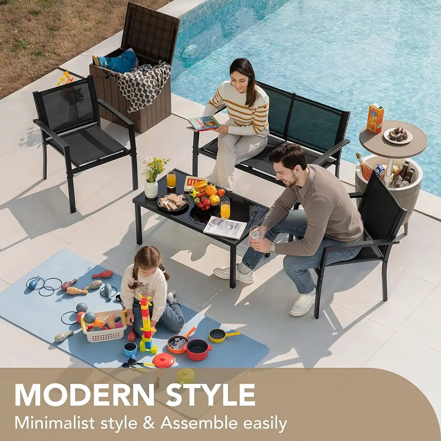 4 Piece Outdoor Patio Set With Glass Table Black Durable from PriceLows™