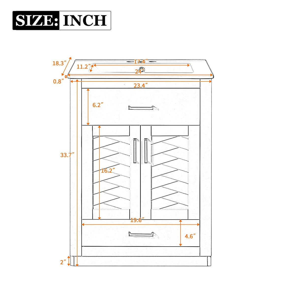 24 Inch Modern Vanity | Integrated Ceramic Sink | 2 Door Cabinet | Tip-Out Drawer