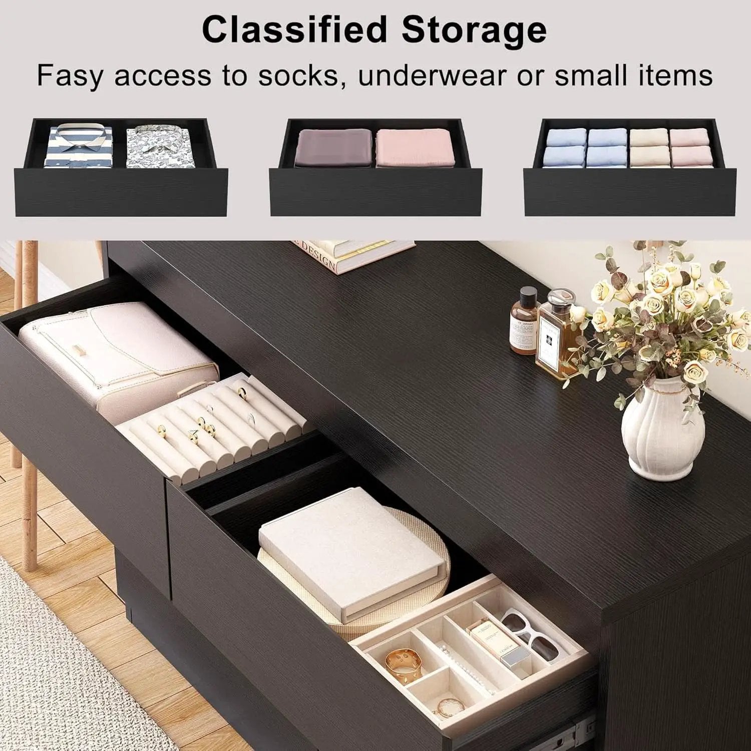 Black Six Drawers Solid Wood Dresser Sturdy Construction from PriceLows™