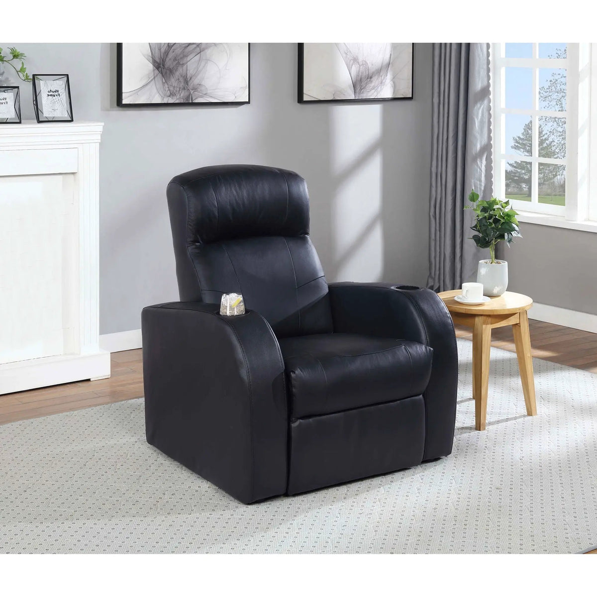 Upholstered Recliner | Cup Holder Armrests | High Back Cushion | Black