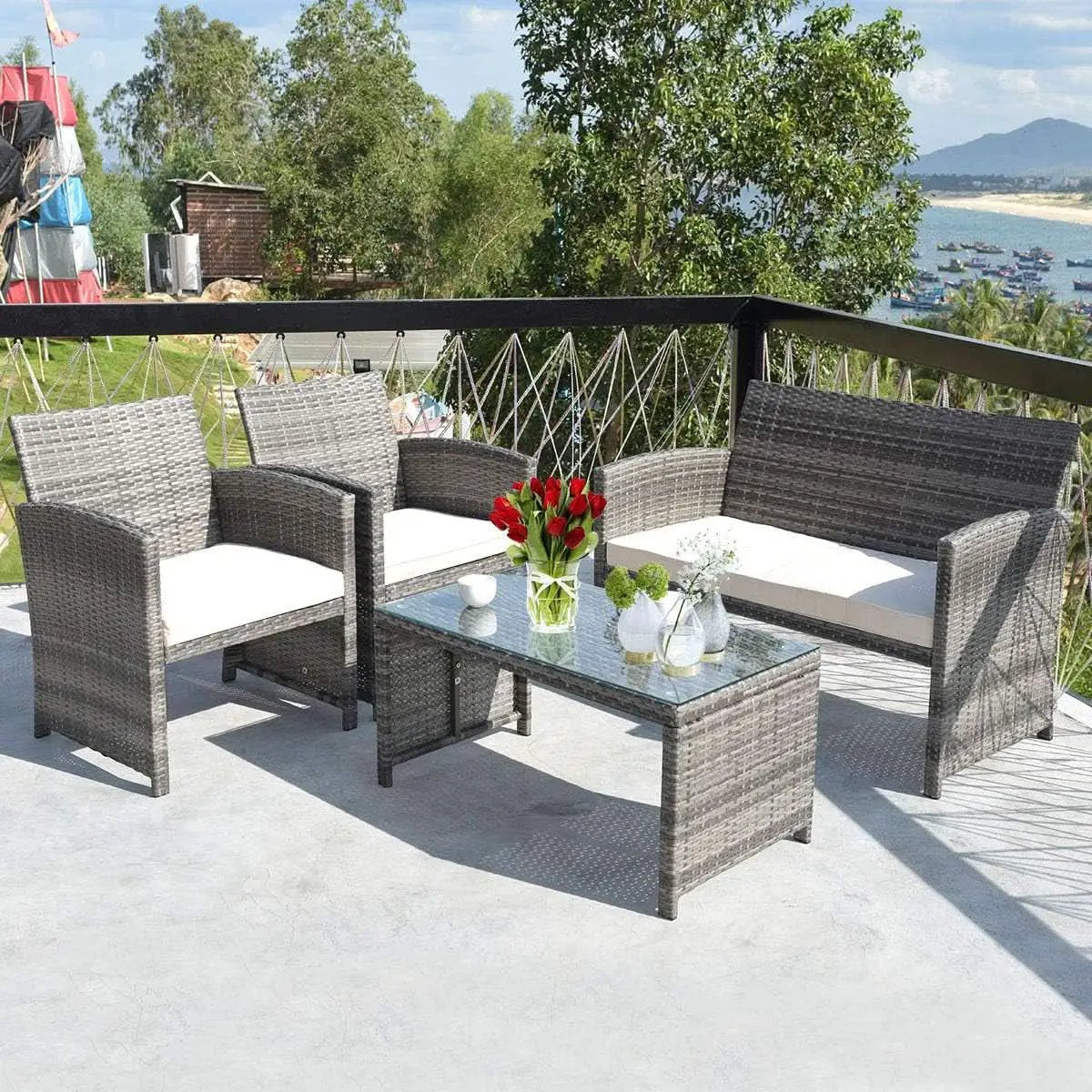 4 Piece Wicker Patio Conversation Set With Soft Cushions from PriceLows™