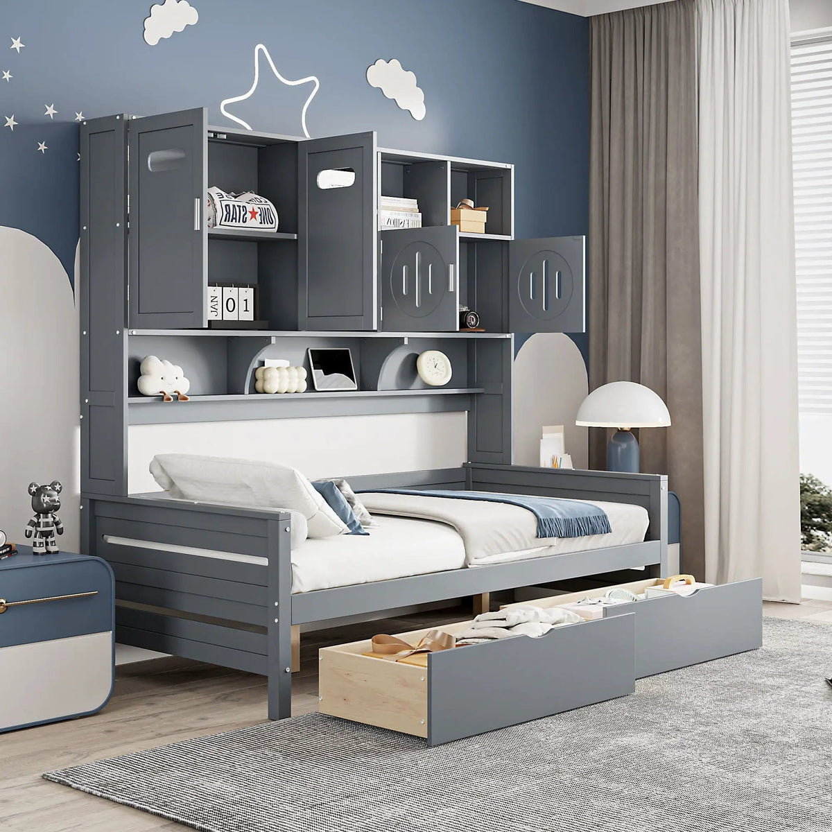 Daybed With All-In-One Cabinet And Shelf | 2 Pieces | Wood | Bedroom