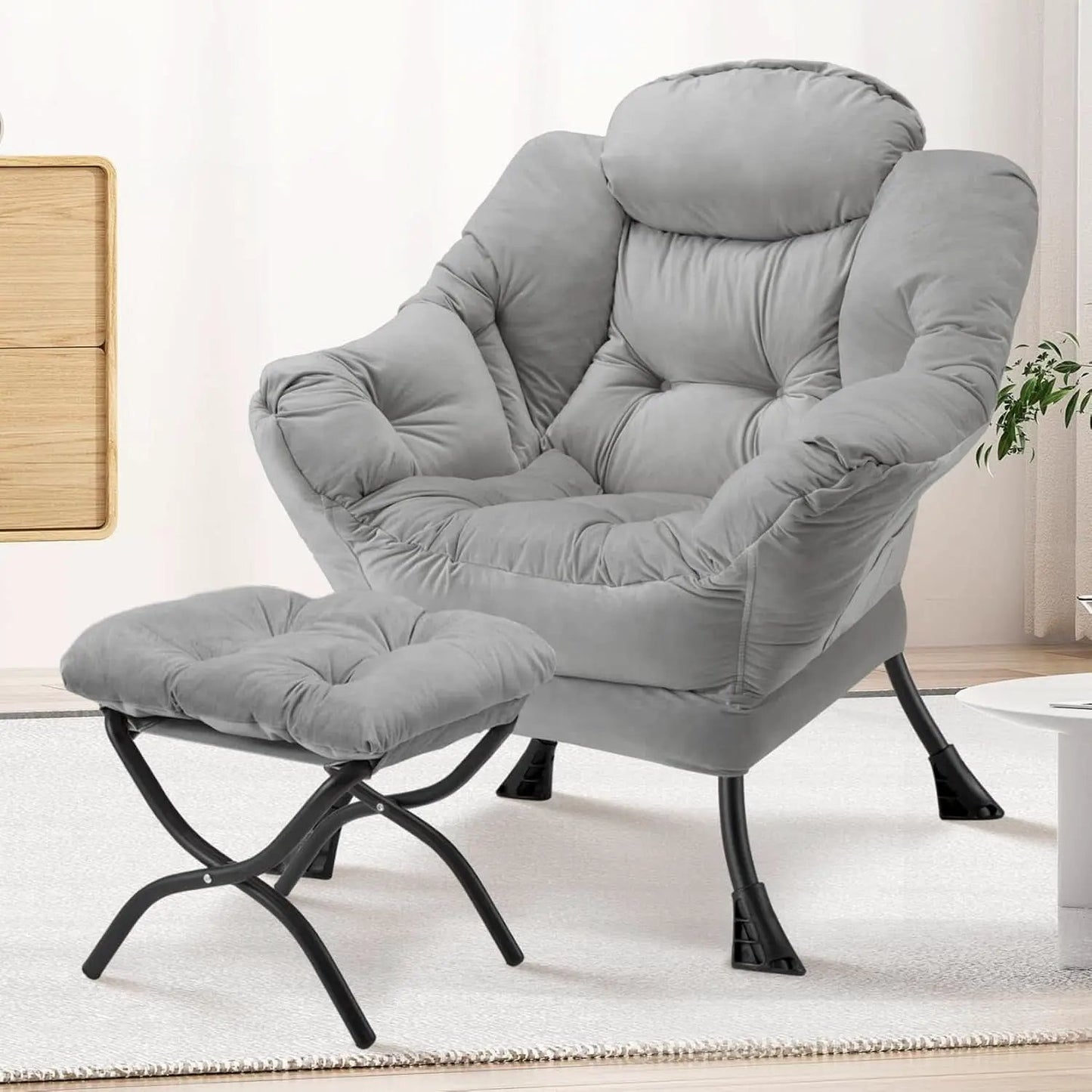 Large Light Gray Upholstered Armchair Folding Ottoman from PriceLows™