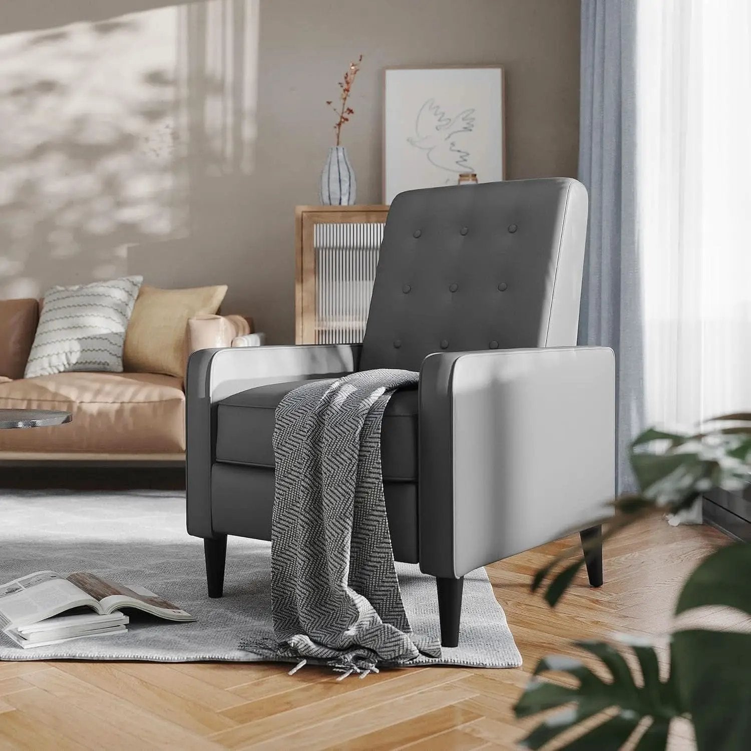 Ezra Pushback Recliner Light Gray LeatherSoft Mid Century Modern from PriceLows™