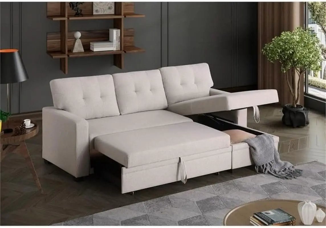 Beige L Shaped Convertible Sleeper Sectional Couch from PriceLows™
